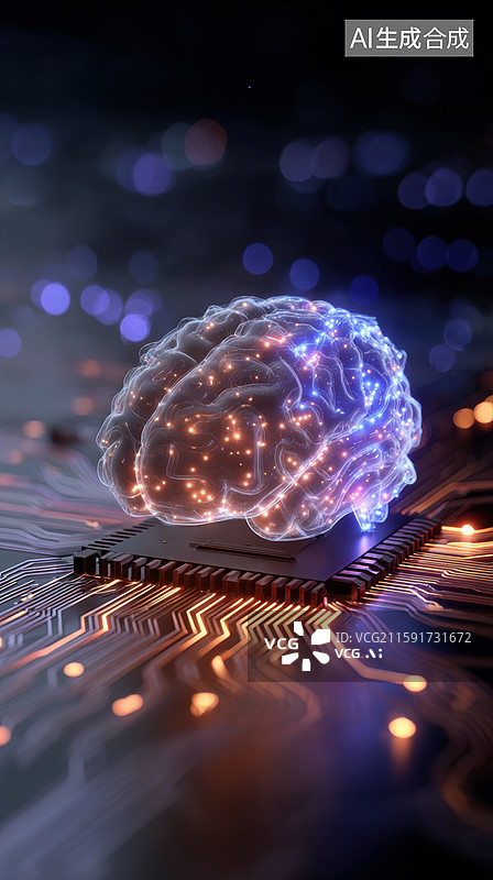 【AI数字艺术】发光大脑与电路板的融合图片素材