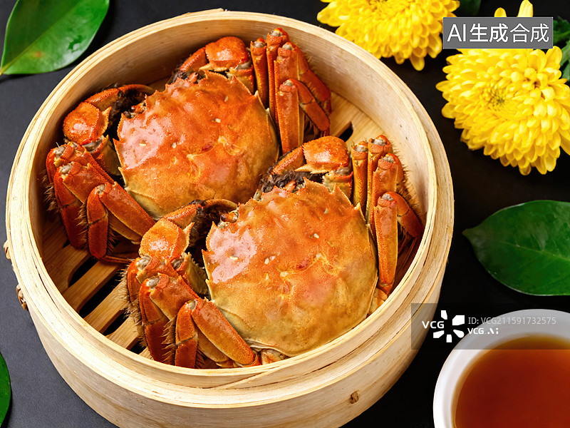 【AI数字艺术】竹蒸笼里的清蒸大闸蟹图片素材