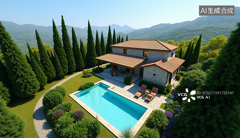 【AI数字艺术】高级半山别墅与泳池图片素材