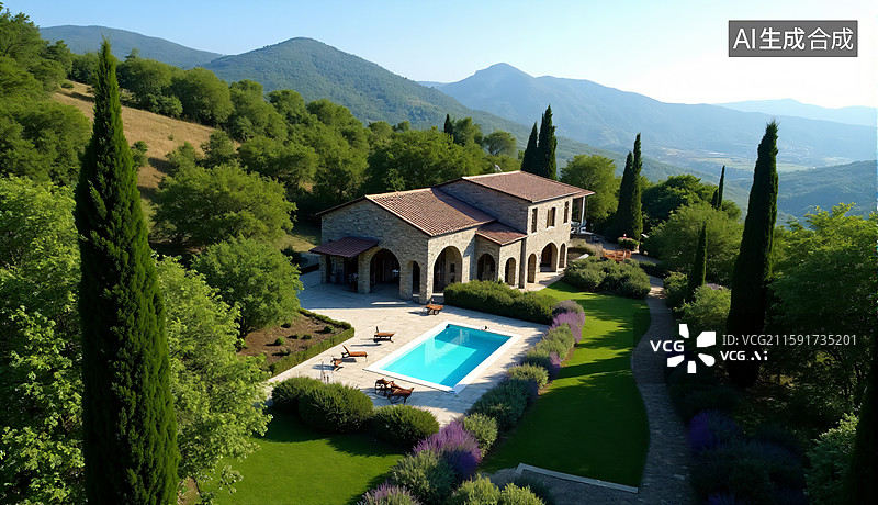 【AI数字艺术】高级半山别墅与泳池图片素材