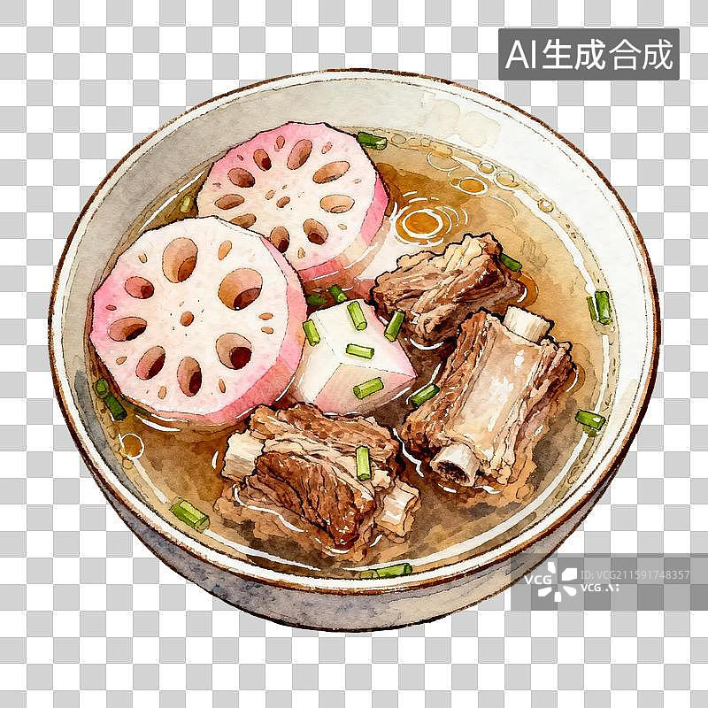 【AI数字艺术】手绘水彩美食莲藕排骨汤免抠元素图片素材
