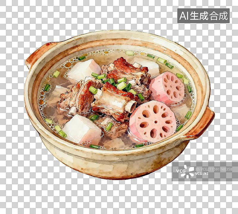 【AI数字艺术】手绘水彩美食莲藕排骨汤免抠元素图片素材