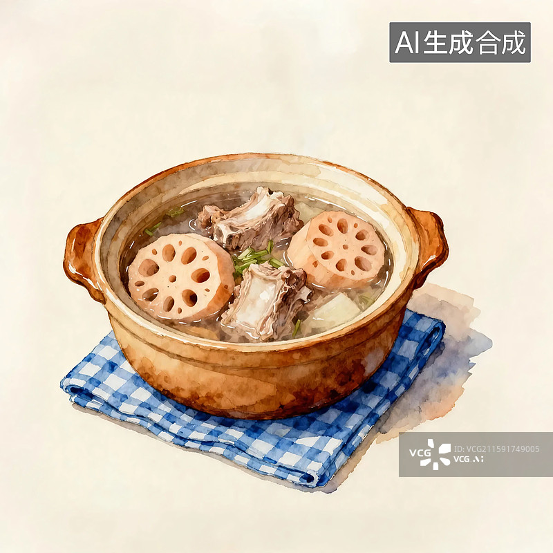 【AI数字艺术】手绘水彩风格莲藕排骨汤美食插画图片素材
