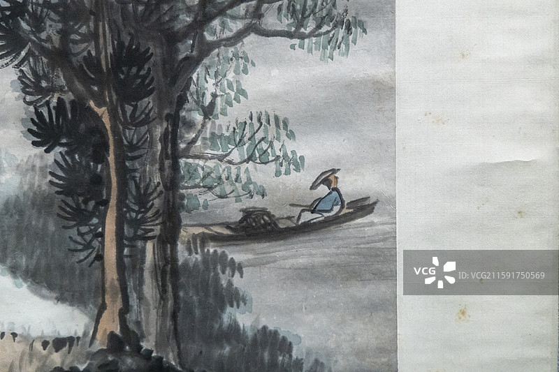清 吴石仙春溪放舟图轴【1902年，上海市历史博物馆收藏；吴石仙，名庆云，晚号泼墨道人】图片素材