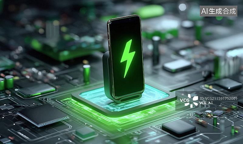 【AI数字艺术】带有绿色闪电标志的手机置于充电设备上，在布满电子元件的电路板背景下，展现无线充电的科技感图片素材
