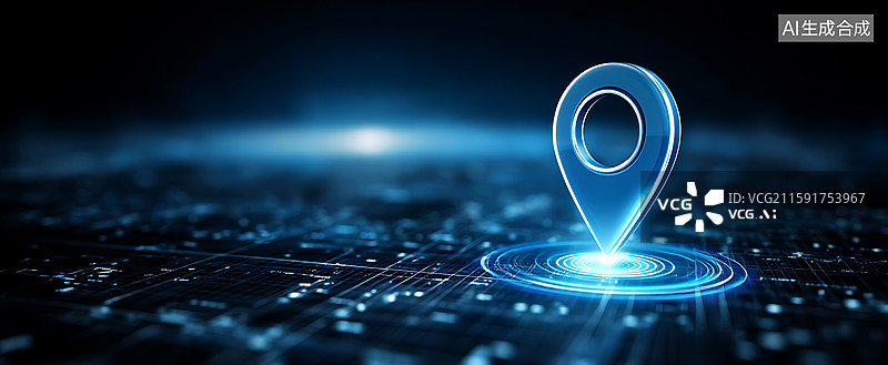 【AI数字艺术】蓝色的定位图标在布满网络连接与数据节点的科技感背景中，散发着发光效果，展现导航与数字科技的融合图片素材