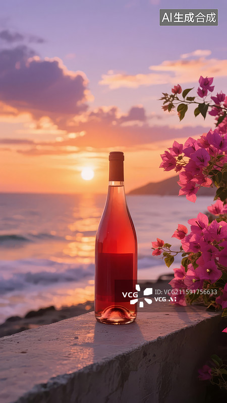 【AI数字艺术】海边日落时的玫瑰酒与鲜花图片素材