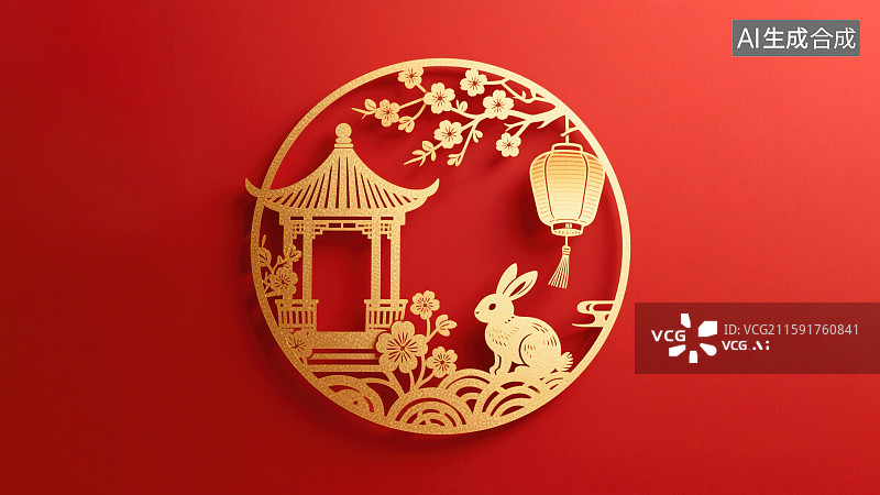 【AI数字艺术】中秋节玉兔广寒宫桂花树灯笼满月圆月新国风中式国潮风传统图案吉祥纹样装饰画微立体剪纸窗花创意艺术插图图片素材