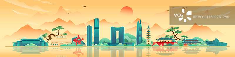 国风秋天东莞城市地标建筑矢量插画图片素材