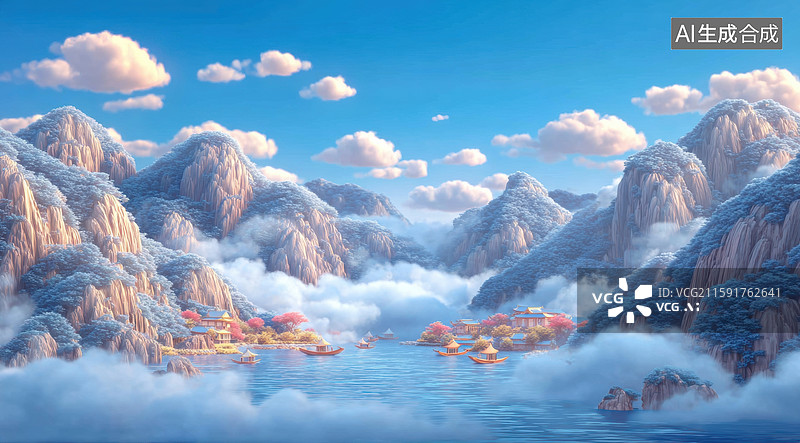 【AI数字艺术】梦幻云端的奇幻岛屿图片素材