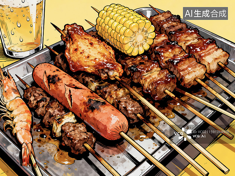 【AI数字艺术】夜宵小吃摊烧烤烤串鸡翅羊肉串图片素材