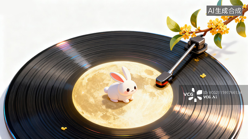 【AI数字艺术】满月中秋节创意元素创意兔子坐在黑胶唱片月亮上桂花唱针播放月相涟漪月光奇幻卡通风格商业设计背景图片素材