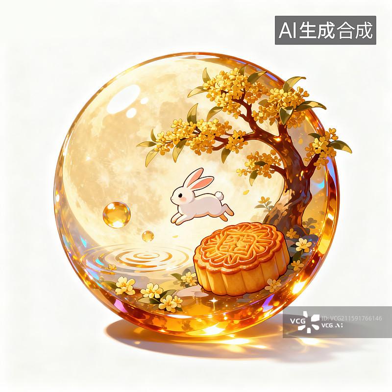 【AI数字艺术】满月创意抽象琥珀月亮内含金色桂花树兔子和月饼的透明水晶球体奇幻卡通风格国风中秋节设计元素背景图片素材
