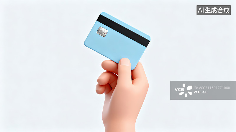 【AI数字艺术】纯色背景下卡通人物一只手拿着张带芯片和磁条的浅蓝色银行卡信用卡会员卡图片素材