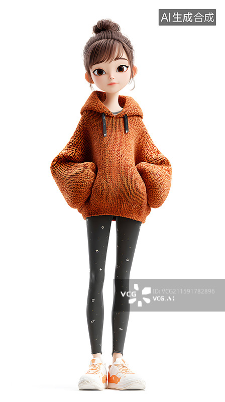 【AI数字艺术】AIGC：3D人物穿着棕色连帽衫的年轻女孩图片素材