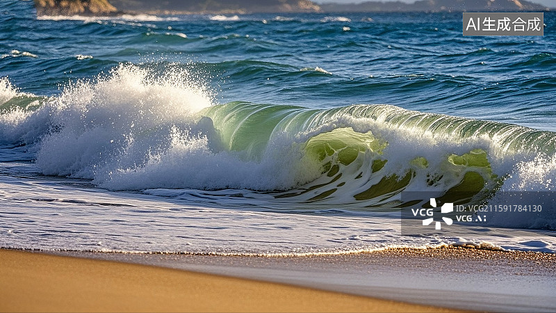 【AI数字艺术】超写实摄影,俯瞰视角的海滩,蓝绿色海浪拍打,浅棕色沙滩,白色泡沫,浪花翻涌,阳光在沙滩,投下波浪阴影图片素材