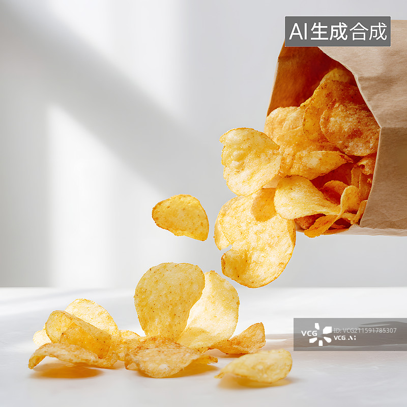 【AI数字艺术】AIGC：棕色纸袋中溢出的薯片图片素材