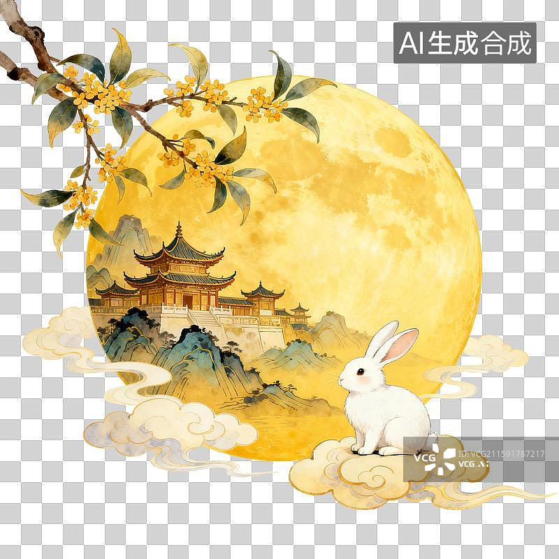【AI数字艺术】中国风古风水墨风山水风中秋节满月元素金黄色圆月月亮图片素材