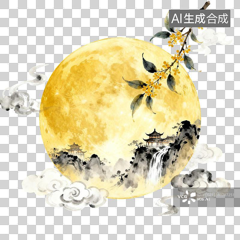 【AI数字艺术】中国风古风水墨风山水风中秋节满月元素金黄色圆月月亮图片素材