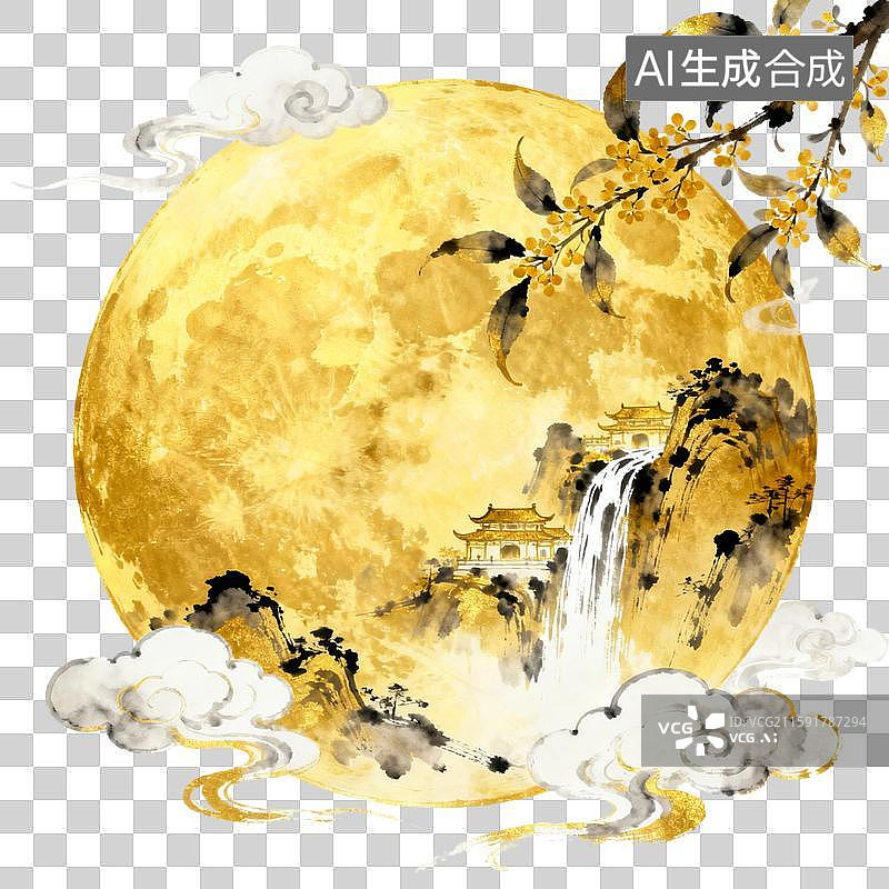 【AI数字艺术】中国风古风水墨风山水风中秋节满月元素金黄色圆月月亮图片素材
