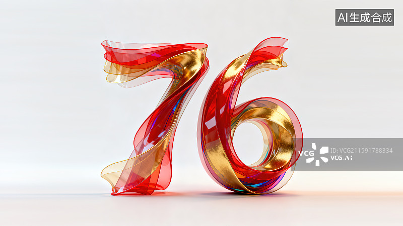 【AI数字艺术】阿拉伯数字76中国国庆节周年纪念公司会议论坛庆典倒计时金色红色大气时尚丝绸飞舞飘动半透明反光高级感图片素材