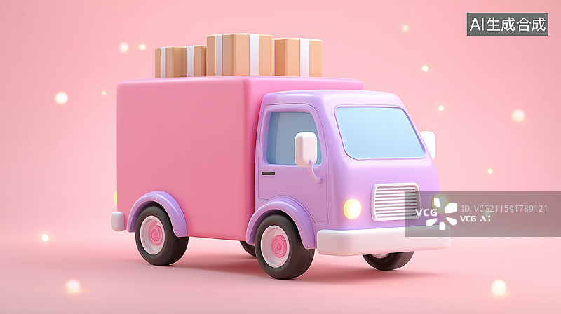 【AI数字艺术】3D卡通粉色货运卡车插画图片素材