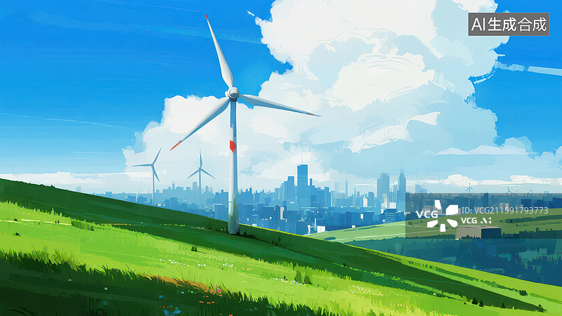 【AI数字艺术】风力发电与城市远景图片素材