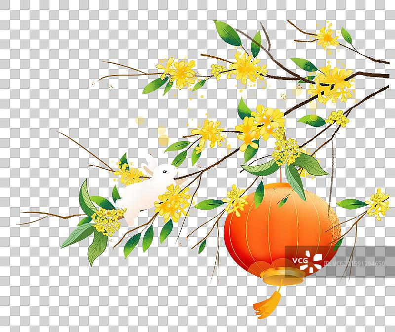 几枝桂花插画元素 桂花树枝上的兔子和灯笼图片素材