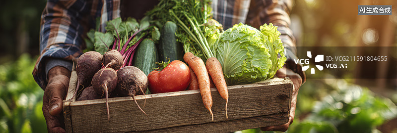 【AI数字艺术】乡村农民手持装满新鲜蔬菜木箱特写绿色背景阳光照射农业商业设计和乡村振兴图片素材
