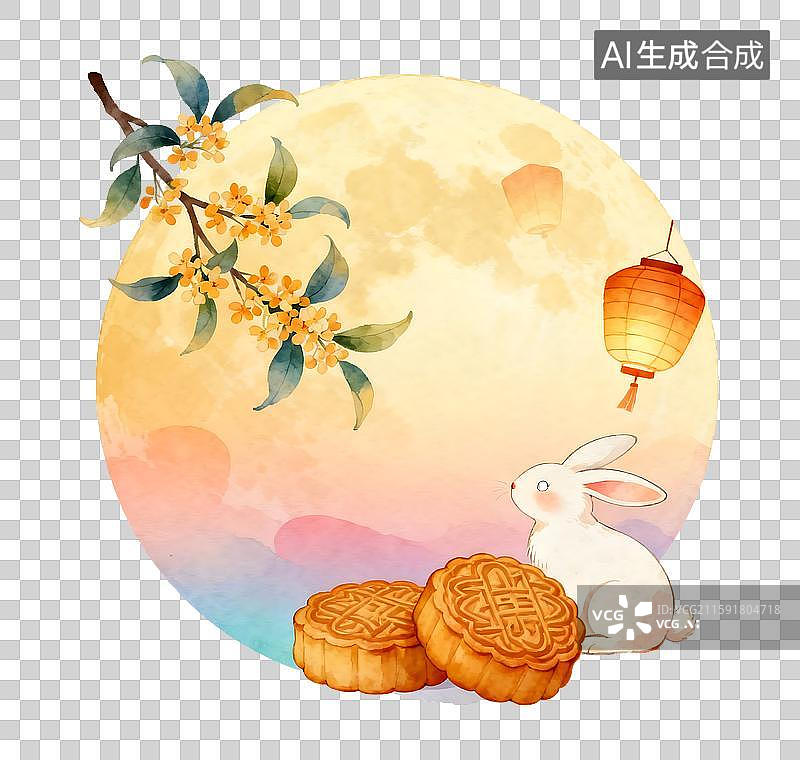 【AI数字艺术】圆月里的兔子和月饼卡通插画免抠元素图片素材