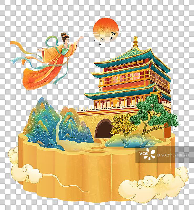国风中秋节国庆节插画元素 3D渲染的月饼上的节日风景 北京鼓楼 山和树 满月升空 嫦娥奔月图片素材