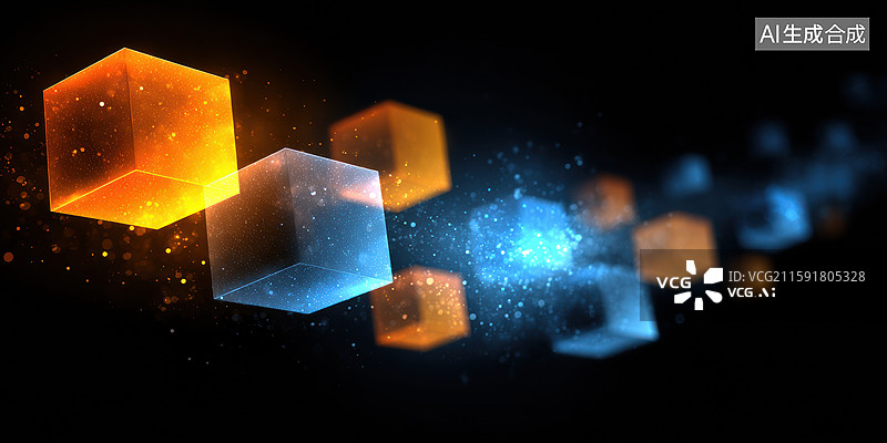 【AI数字艺术】抽象黑暗空间背景配橙色和红色激光束从左向右射出几何正方形图案企业年会漂浮尘埃粒子和电影视觉效果戏剧性图片素材