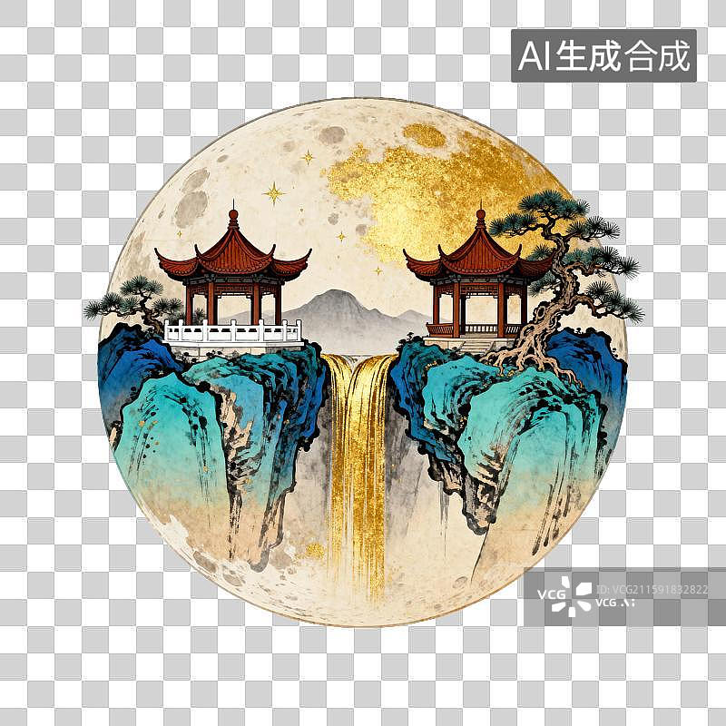 【AI数字艺术】中秋元素：国风山水悬浮亭台金色月景图片素材