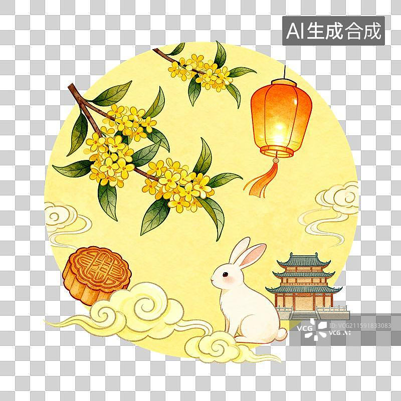 【AI数字艺术】中秋元素：中秋国风玉兔月饼桂花场景图片素材