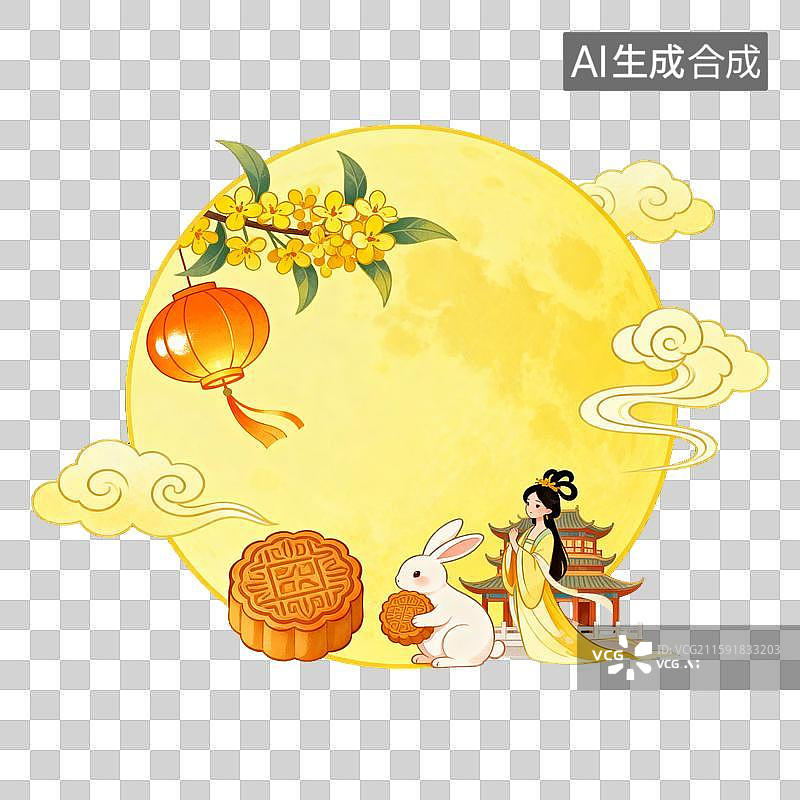 【AI数字艺术】中秋元素：中秋国风嫦娥玉兔月饼场景图片素材