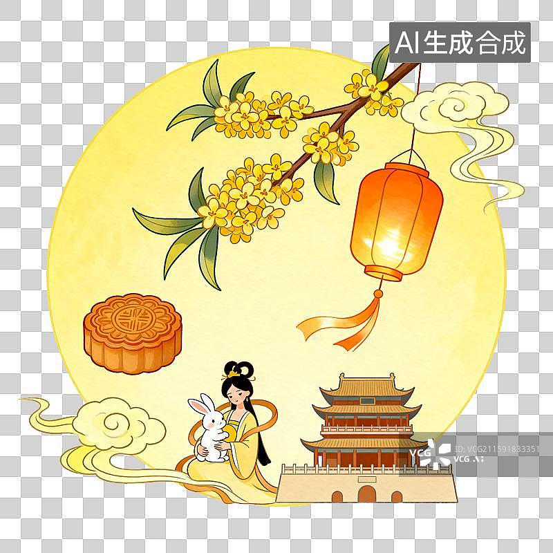 【AI数字艺术】中秋元素：中秋国风嫦娥玉兔月饼场景图片素材