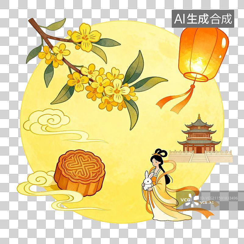 【AI数字艺术】中秋元素：中秋国风嫦娥玉兔月饼场景图片素材