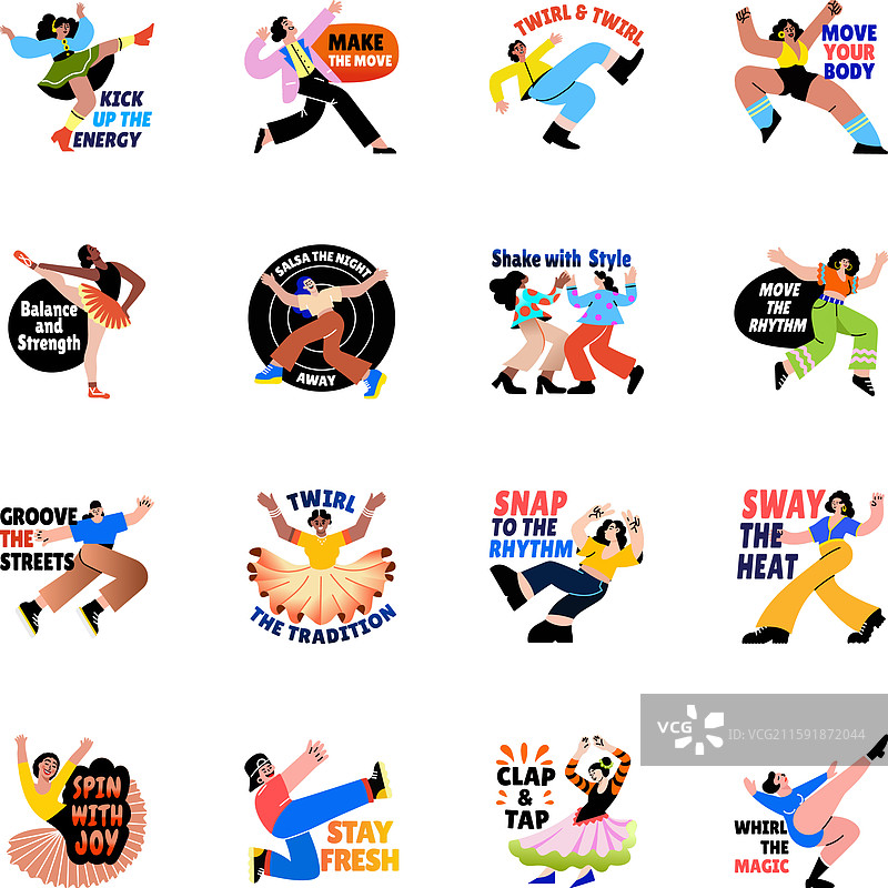 舞蹈排版平面风格贴纸套装图片素材