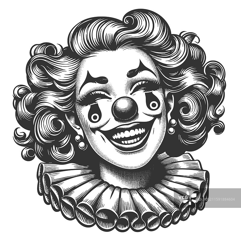 微笑的女性小丑复古雕刻图片素材