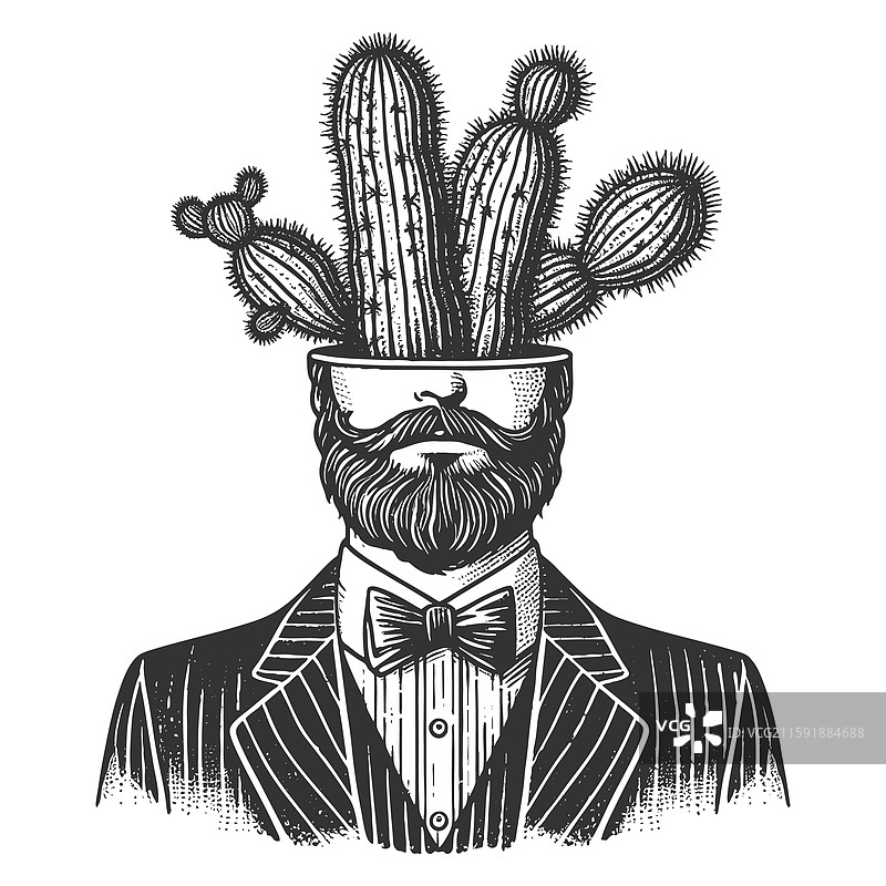 带有仙人掌头部的男人雕刻图图片素材
