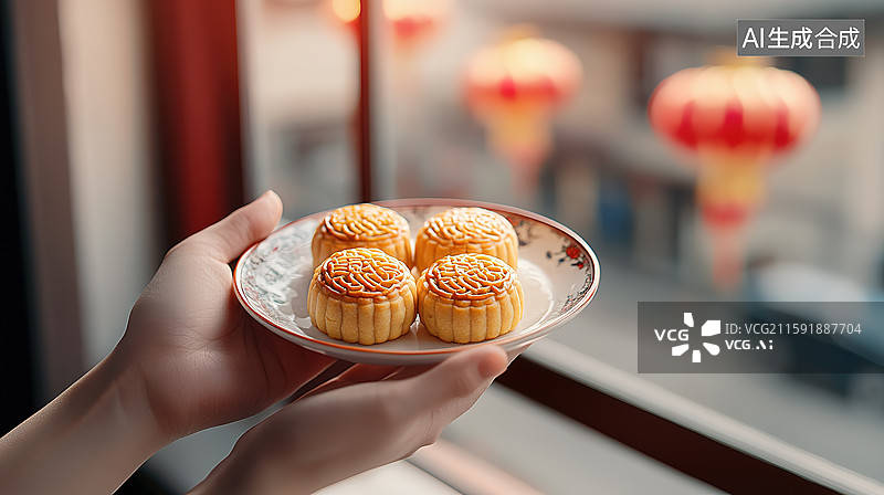 【AI数字艺术】中国风中秋节江南古镇背景下的一盘月饼图片素材