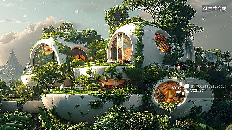 【AI数字艺术】绿意盎然的生态居所 都市丛林中的自然之家   绿色环保的创意未来生态住宅  绿色未来建筑背景图片素材