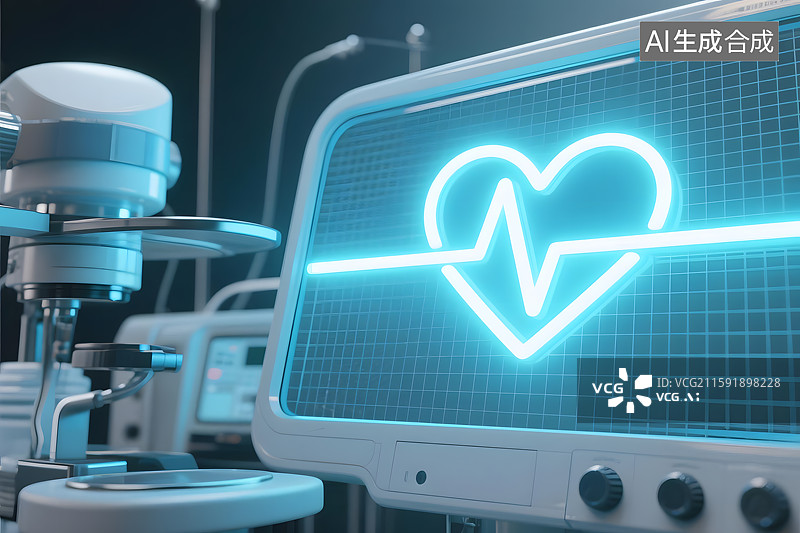 【AI数字艺术】医疗器械背景下的发光心电图图标和健康保健图片素材