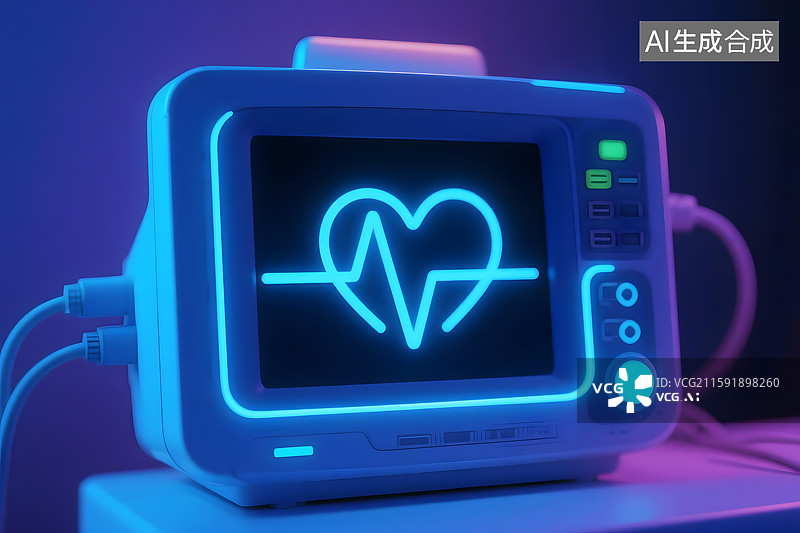 【AI数字艺术】医疗器械背景下的发光心电图图标和健康保健图片素材
