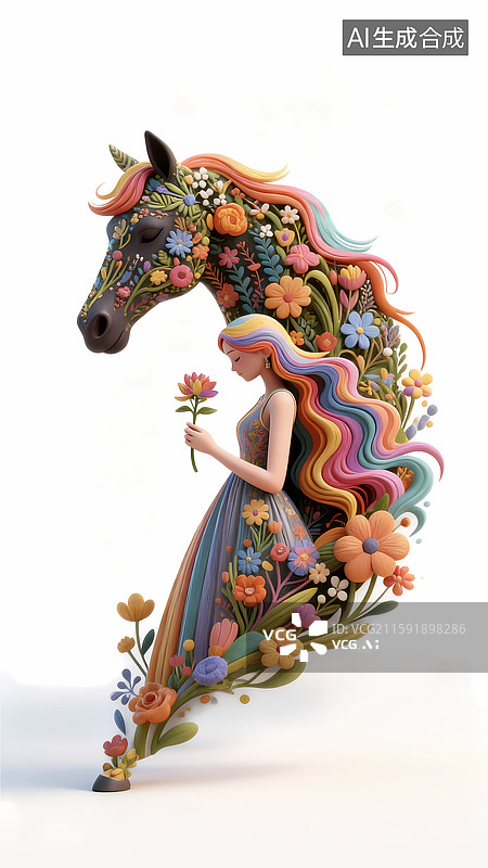 【AI数字艺术】花草艺术可爱小马女孩童话梦幻图片素材