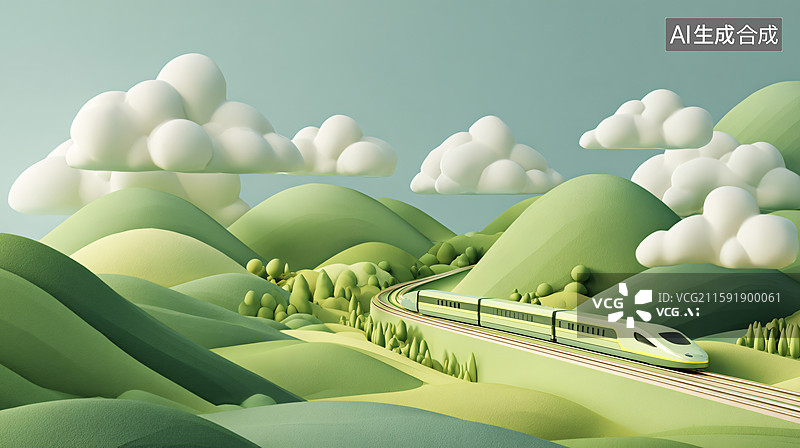 【AI数字艺术】绿皮火车行驶在山间图片素材
