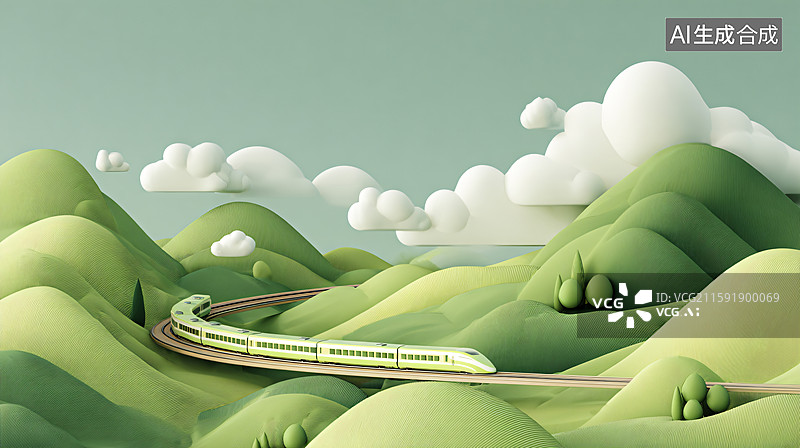 【AI数字艺术】绿皮火车行驶在山间图片素材