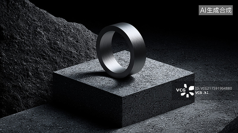 【AI数字艺术】晨光金属环石台图片素材
