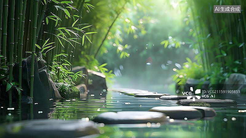 【AI数字艺术】禅意竹林石径  竹林水面上的鹅卵石小路图片素材