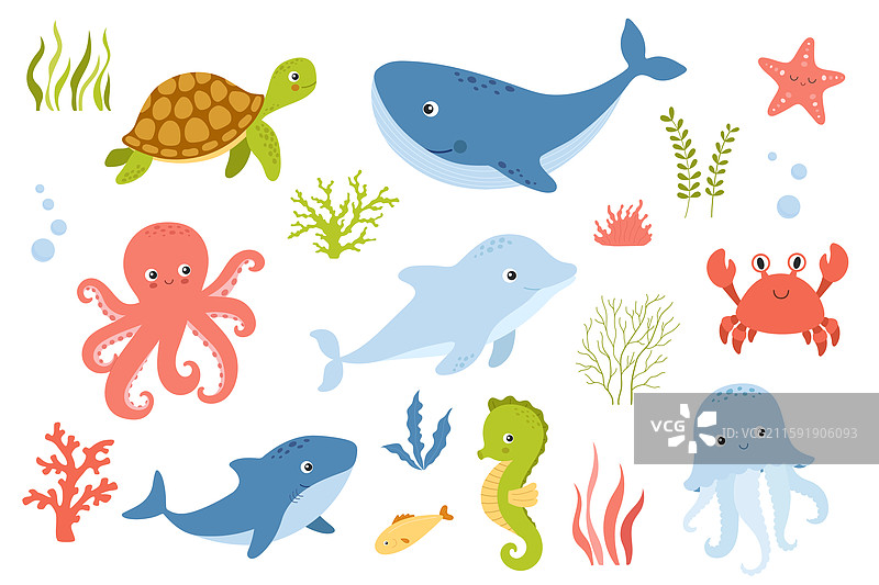 可爱海洋角色的卡通海洋动物套装图片素材